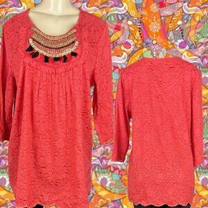Denim 24/7 12W Orange Embroidered Detail Crew Beaded Fringe 3/4 Sleeve Blouse